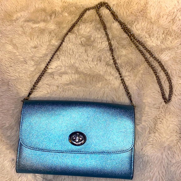 Coach Bags Coach Leather Crossbody Metallic Blue Silver Chain Strap
